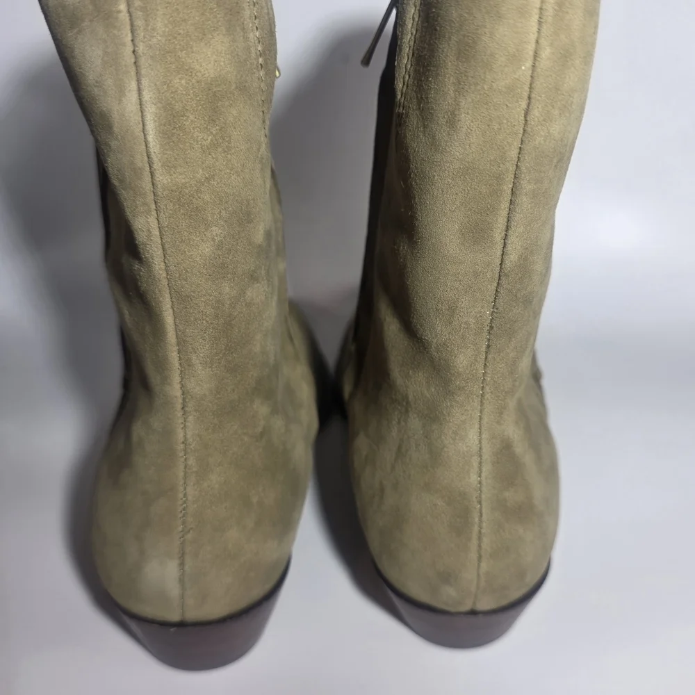Lucky Brand Women’s Suede Ankle Boots Whipstitch Side Zip Olive Tan Size 9.5 New